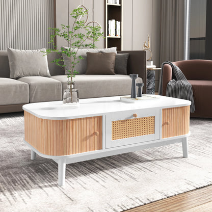 Salontafel – Rattan Salontafel – Houten Tafel – Koffietafel – Woonkamer Tafel – Met Handgemaakte Massief Houten Schuifdeuren – Ruime Opbergruimte en Natuurlijke Walnotenkleur