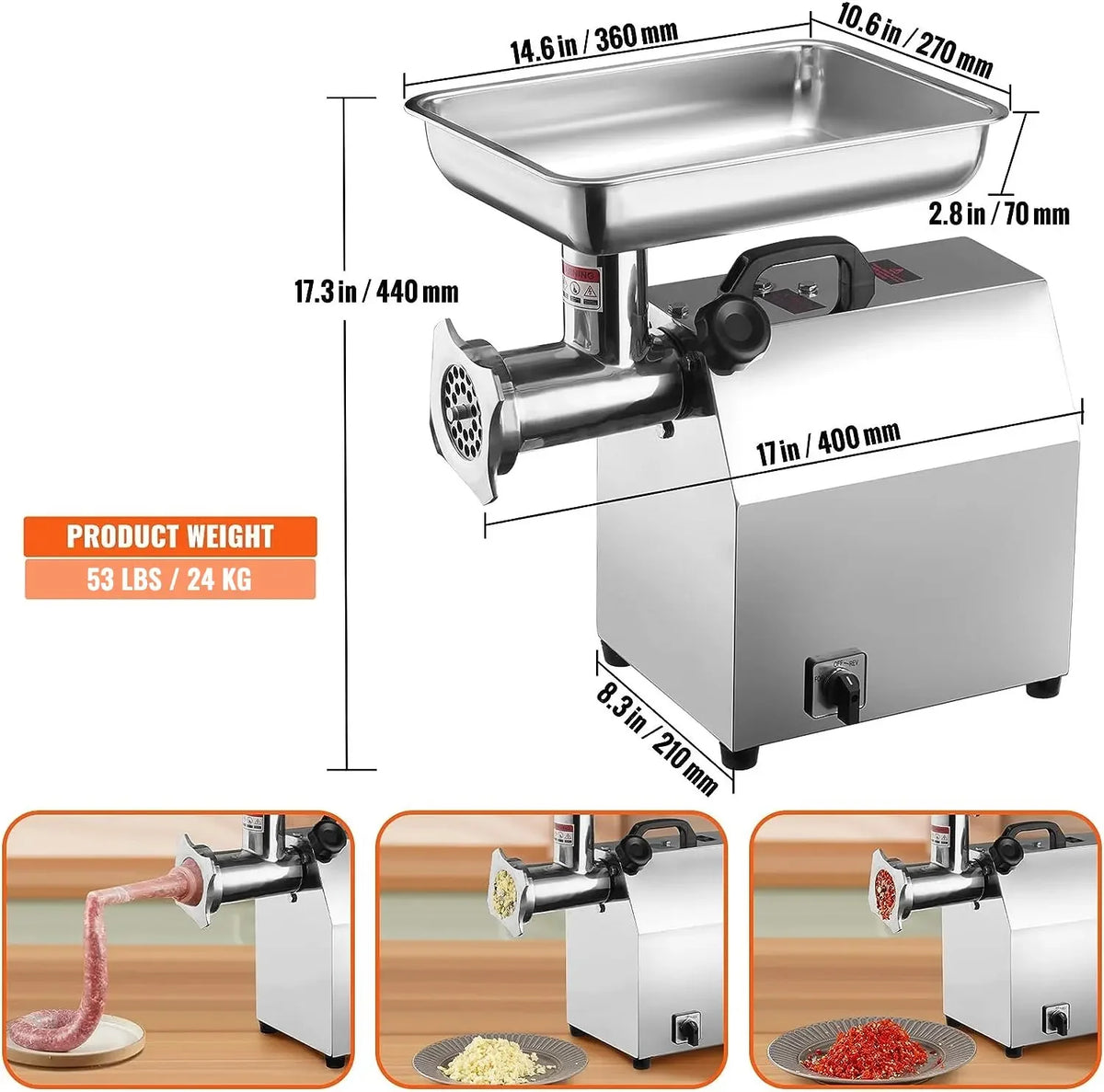 VEVOR Electric Meat Grinder Food Processors Sausage Maker Filler Mincer Stuffer Stainless Steel with 2 Blades for Home Kitchen