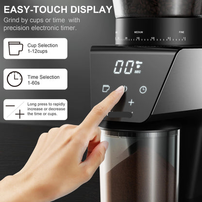Koffiemolen - Elektrische - 220V - Burr Grinder met 30 Maalstanden - Conische Maalschijven - Instelbare Maalgraad - voor Espresso & Filterkoffie - LCD Display - 90g+ Bonenreservoir - LCD-Scherm met Timer