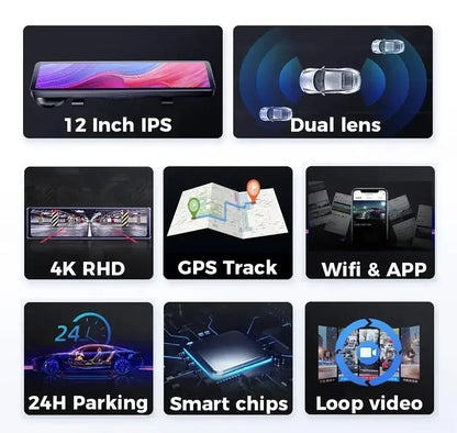 Achteruitkijkspiegel Dashcam – Auto Camera – Dubbele Lens – Parkeermonitor – 4K 12 Inch Scherm – GPS Tracking – Nachtzicht