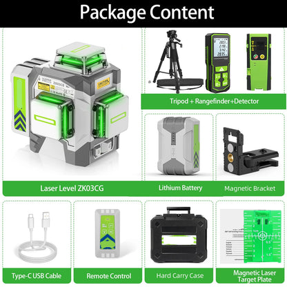 3D Laserwaterpas – Laserwaterpas – Zelfnivellerend – Groene Laser – Tripod – 12 Laserlijnen – 8000 mAh Accu - QUORE
