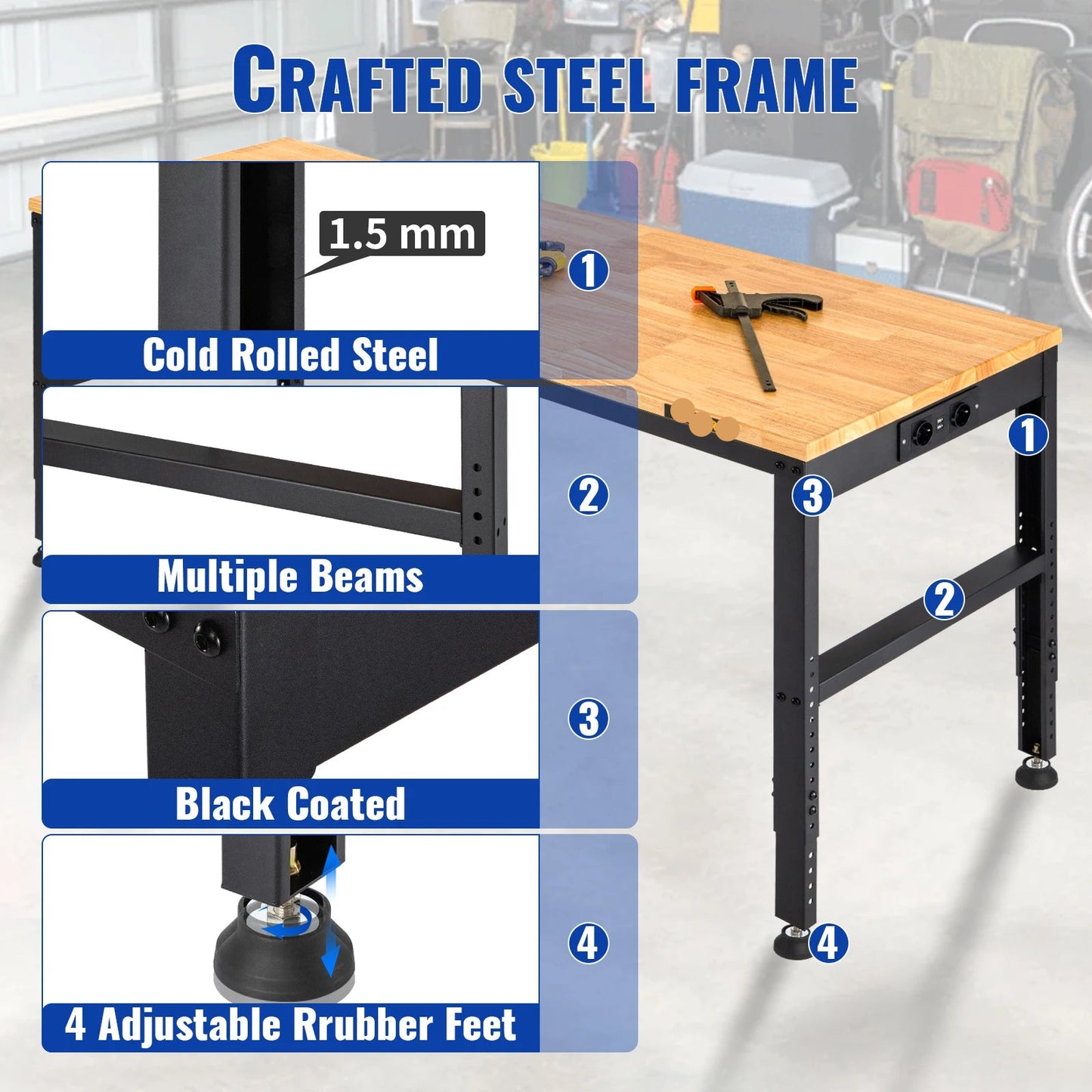 Werkbank – Verstelbare Werktafel – Hobbybank – Klusbank – Massief Eikenhout – Stalen Frame – 900 Kg Belastbaar - 48x24inch met Wielen