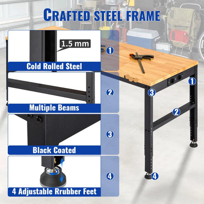 Werkbank – Verstelbare Werktafel – Hobbybank – Klusbank – Massief Eikenhout – Stalen Frame – 900 Kg Belastbaar - 48x24inch met Wielen