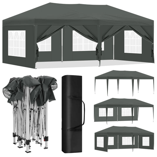 Party Tent - Opvouwbare - Tuinpaviljoen - 3x6m - Waterdichte - Verstelbare Hoogte - Gazebo - Pop-up Systeem - UV-Bestendig - Windbestendig - voor Tuin - Camping - Strand - BBQ - Donkergrijs