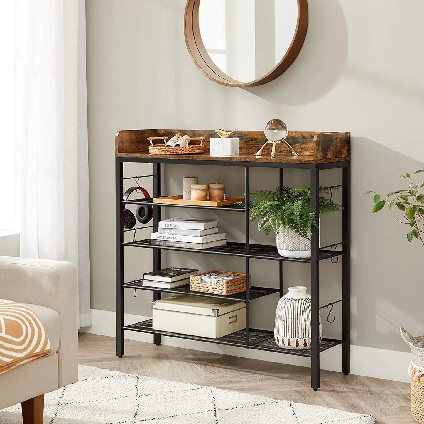 Schoenenrek - Consoletafel - 4-Niveaus - Voor Pantoffels - Hakken-Laarzen - Industrieel-Design - Hal-Woonkamer-Slaapkamer - Staal-Spaanplaat - Minimalistisch-Design - Opbergorganizer