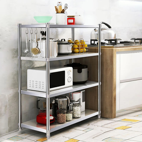 Multifunctioneel Keukenrek - RVS - Stevig & Ruim - Multi Sstory Kitchen Storage Rack - Huishoudelijke sortering - Magnetron Opslagplank - Zwaar - 4-Laags - Zilver