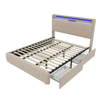 2-persoonsbed – Tweepersoonsbed – Bed Met Opbergruimte – Slaapbank – Led Bed – Met USB Oplaadpoort – Stijlvol Met Metaal En Composite Stof – 222x168,5x113 cm