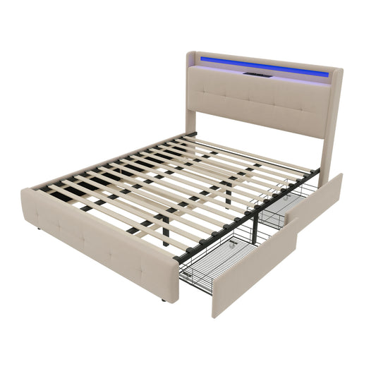 2-persoonsbed – Tweepersoonsbed – Bed Met Opbergruimte – Slaapbank – Led Bed – Met USB Oplaadpoort – Stijlvol Met Metaal En Composite Stof – 222x168,5x113 cm