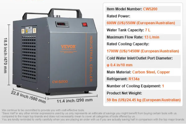 Waterkoeler – Laserkoeler – CO₂ Koeler – Industriële Koeler – 7 Liter Tank – 13L/Min Pomp