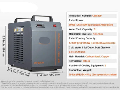 Industriële Waterkoeler - Chiller Industriële – 7L Capaciteit – Tot 180W CO₂ Laserbuizen – Compressor Koelsysteem - 580×290×470mm - voor Lasergraveermachines - Grijs