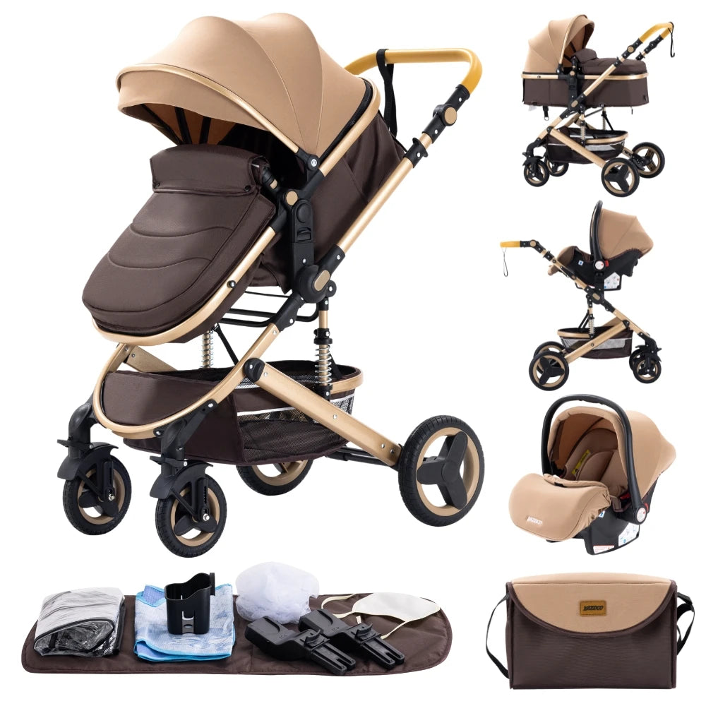 Kinderwagen - Kinderwagen 3 in 1 - Stroller - Opklapbare Wandelwagen - Luxe Kinderwagen - 3-in-1 Luxe Kinderwagen – Draagbare Reiswieg, Inklapbaar, Aluminium Frame voor Pasgeborenen