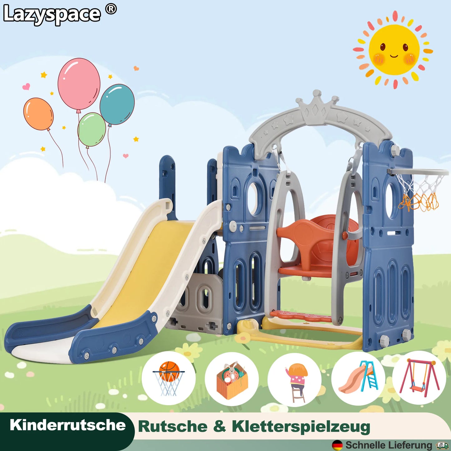 Lazyspace 5 in 1 Children's Slide, Climbing, Storage Space, Swing, Basketball Basket, Slide & Climbing Toy for Children Playroom
