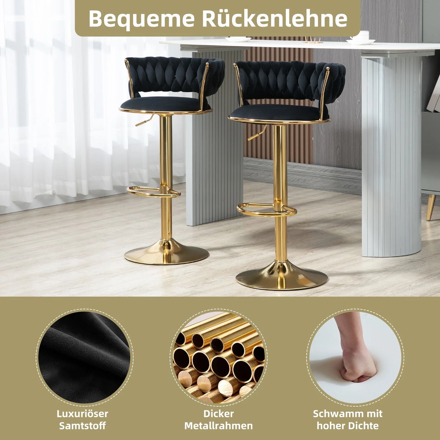 Velvet Barstoel – Barkruk – Keukenstoel – Eetkamerstoel – Barkruk Set – Zwart – 360° Draaibaar – In Hoogte Verstelbaar