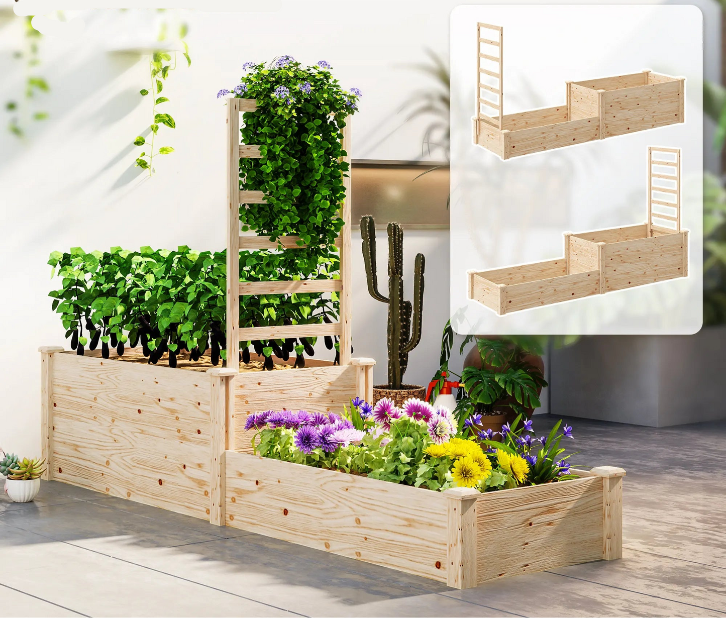 Dubbele Houten Plantenbak – Houten Tuinbak – Plantenbak Met Latwerk – Buitenbak – Twee Plantvakken – Verstelbaar Latwerk – Vurenhout