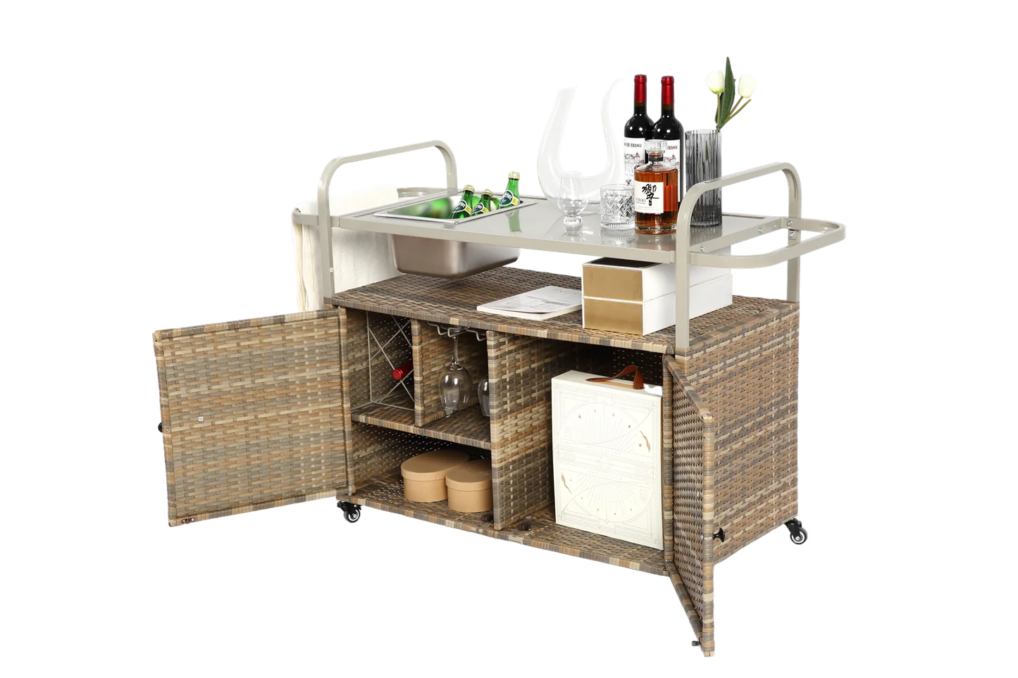 Outdoor Barwagen – Buitentrolley – Servierwagen – Tuinwagen – Bistrowagen – Gepoedercoat Staal – 360° Draaibare Wielen - QUORE