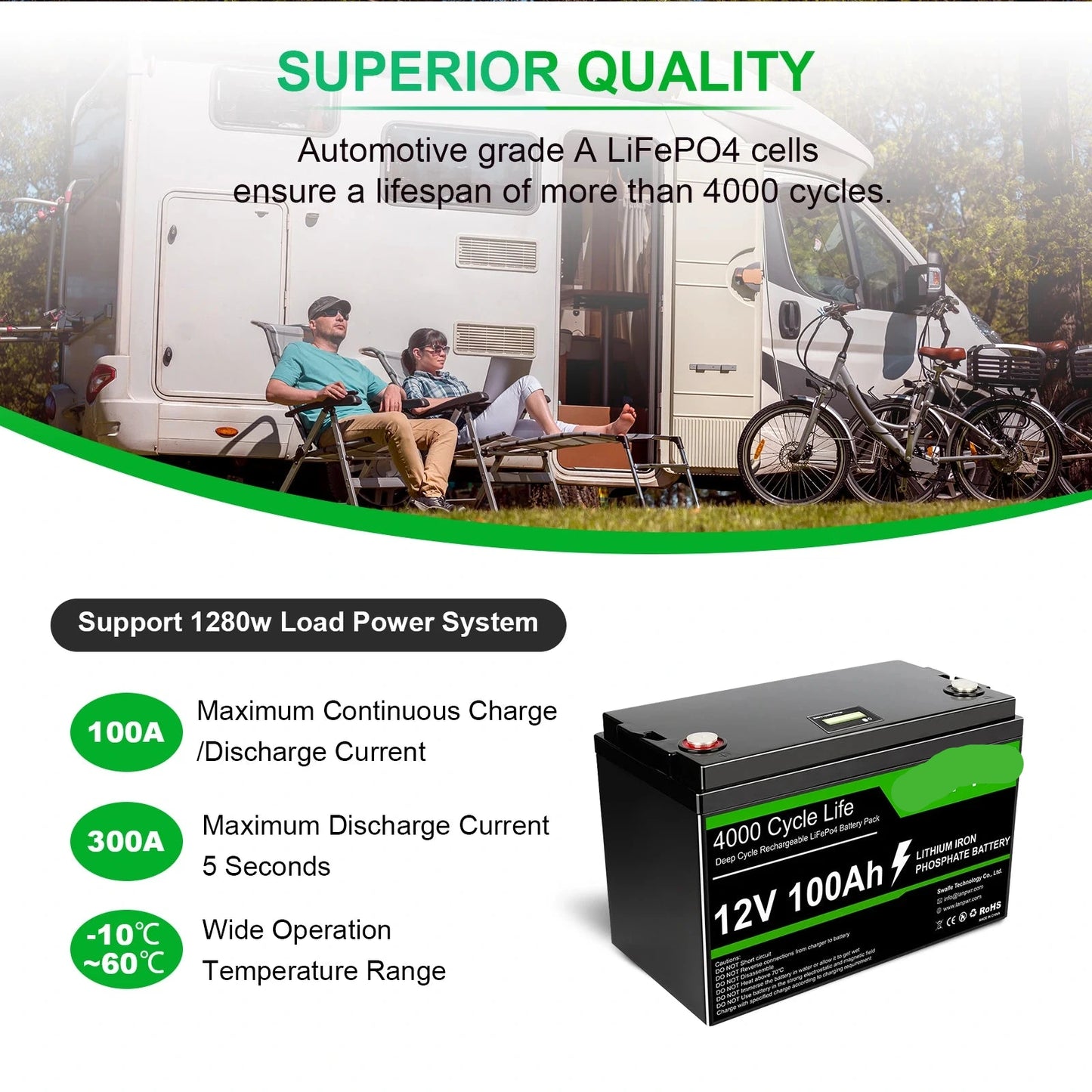 LiFePO4 Batterij – 12V Accu – Camper Accu – Zonne-energie Batterij – Energieopslag – 100Ah Capaciteit – IP65 Behuizing