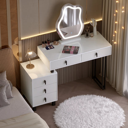 Kaptafel – Make-uptafel – Schminktisch – Dressing Table – Verlichte Kaptafel – Verstelbare LED-Spiegel – 5 Lades – Glanzend Wit MDF
