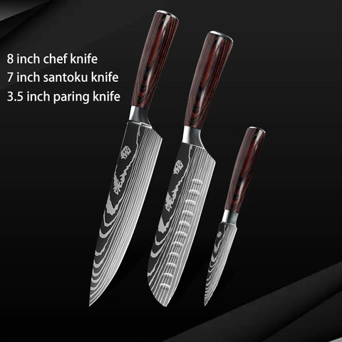 Keukenmessen - Knife set - Chef Knife - Knives - Kitchen Knife - Roestvrij staal met hoog koolstofgehalte - Damascus-tekening - Hakmesset - Santoku-koksmes - 10stuks