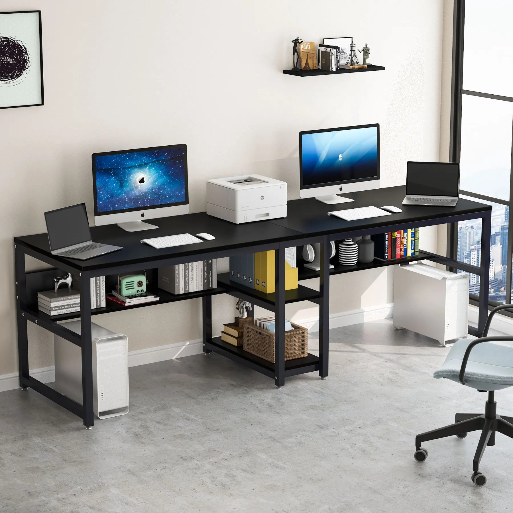 Bureau - Bureautafel - Game Bureau - 78.7" - Dubbele Computertafel - met Boekenplank - Werkstation voor Twee Personen – Ruime Kantoor- & Studiotafel - Zwart - QUORE