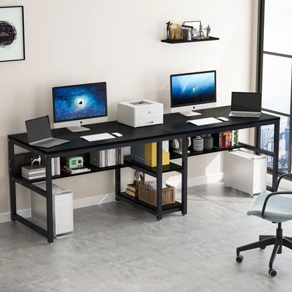 Bureau - Bureautafel - Game Bureau - 78.7" - Dubbele Computertafel - met Boekenplank - Werkstation voor Twee Personen – Ruime Kantoor- & Studiotafel - Zwart - QUORE