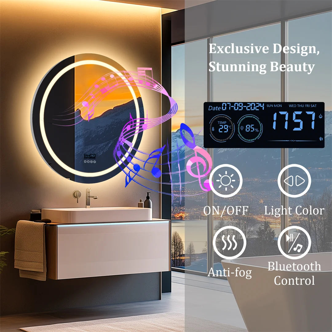 Ronde Led-Badkamerspiegel – Badkamermeubel Spiegel – Make-Up Spiegel – Anti-Beslag Spiegel – Bluetooth Spiegel – 80 CM – Anti-Condens Functie – Instelbare Led-Verlichting - QUORE
