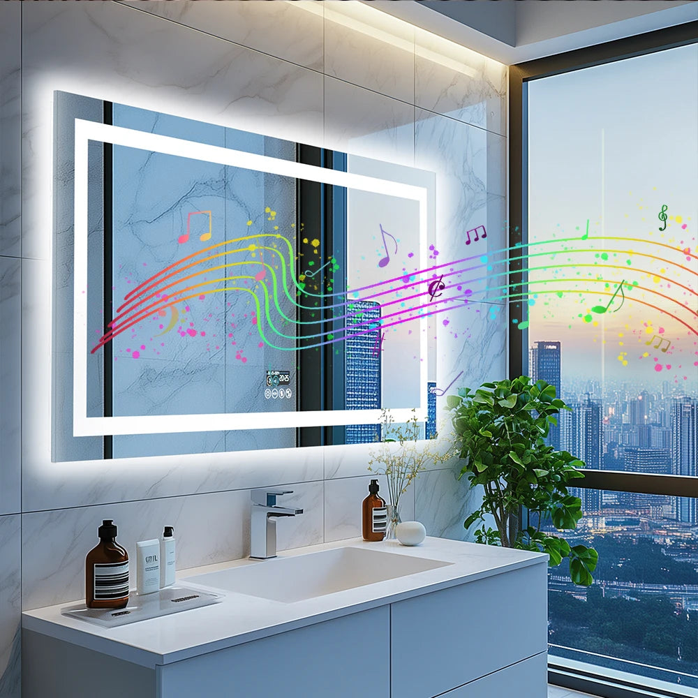 Badkamerspiegel – Spiegel Met Speaker – Led Spiegel – Anti-Fog Spiegel – Frameloos Design – Bluetooth Speaker – Driedelige Ledverlichting - 120x60cm RGB