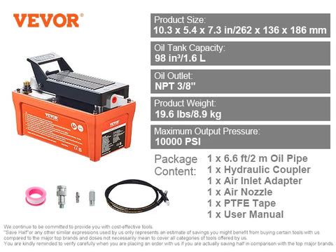 VEVOR Air Hydraulic Pump 10,000 PSI 1/2 Gal Reservoir Foot Actuated Air Treadle for Auto Body Frame Machines and Pulling Post