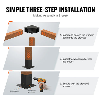 Hoekankers - Hoekconnectoren - Pergolabeugelset - Metaal - DIY Post Base Kit - 4x4in - 4 stuks - Zwart