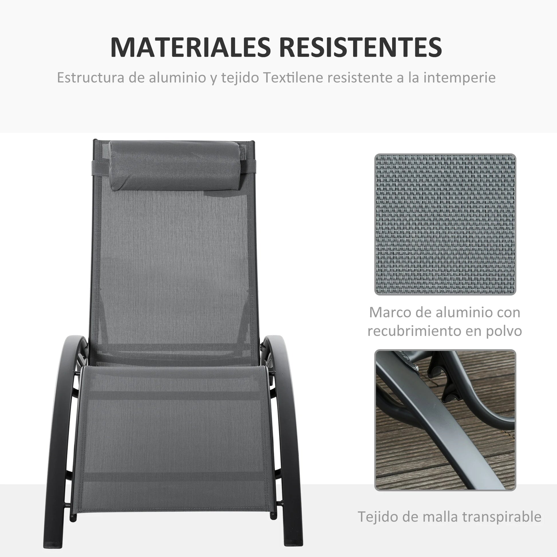 Verstelbare Lounger met Rugleuning en Afneembare Hoofdkussen - Tuinstoel voor Terras, Balkon en Zwembad - Grijze Aluminium Stoel - QUORE