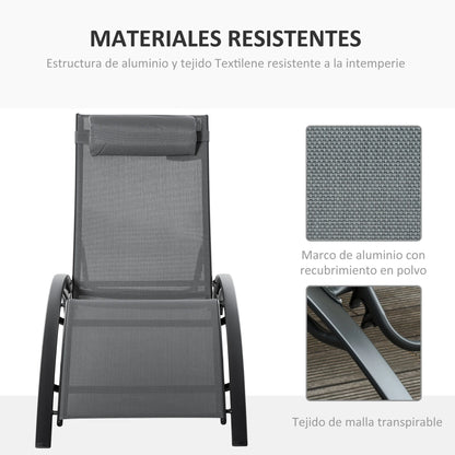 Verstelbare Lounger met Rugleuning en Afneembare Hoofdkussen - Tuinstoel voor Terras, Balkon en Zwembad - Grijze Aluminium Stoel - QUORE