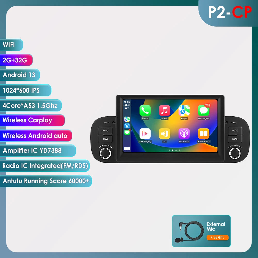 Multimedia Autoradio – Android Autoradio – 1Din Radio – Auto Entertainment Systeem – Fiat Panda 2013-2020 – Android 13 – 7 Inch Touchscreen