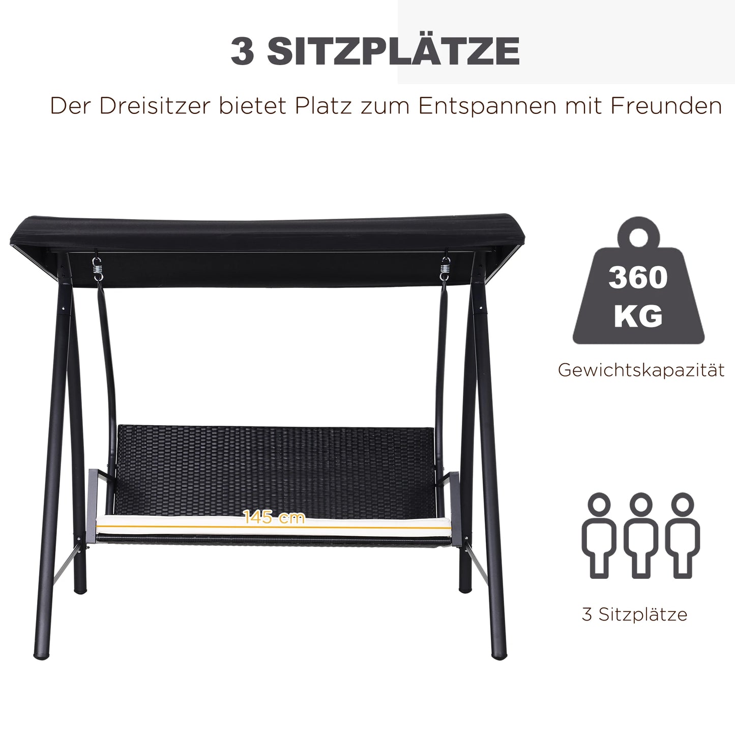 Driezits Tuin Schommel – Grote Tuinschommel – Buitenbank – Tuin Meubel – Gepoedercoat Metaal – Verstelbaar Zonnescherm – Weerbestendig Rattan