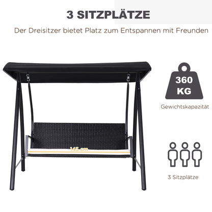 Driezits Tuin Schommel – Grote Tuinschommel – Buitenbank – Tuin Meubel – Gepoedercoat Metaal – Verstelbaar Zonnescherm – Weerbestendig Rattan