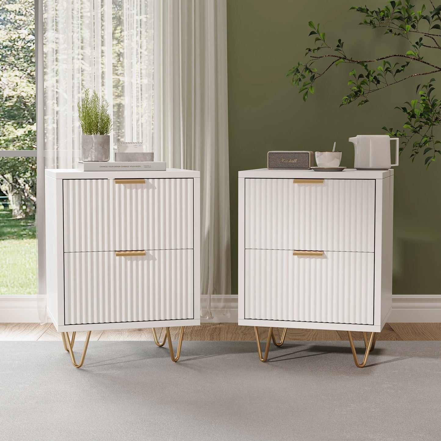 Comanlai 2 pieces Bedside Table with 2 Drawers,Nightstands Cabinet with Metal Feet,Chest of Drawers for Living Room,49x29x47cm