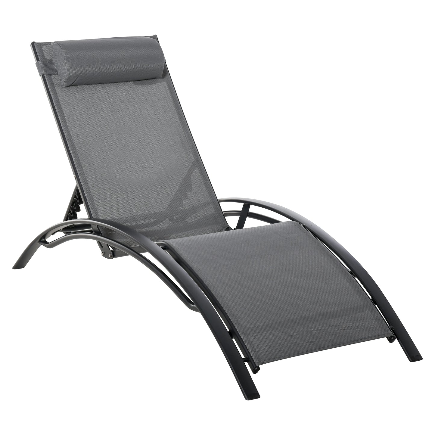 Verstelbare Lounger met Rugleuning en Afneembare Hoofdkussen - Tuinstoel voor Terras, Balkon en Zwembad - Grijze Aluminium Stoel - QUORE