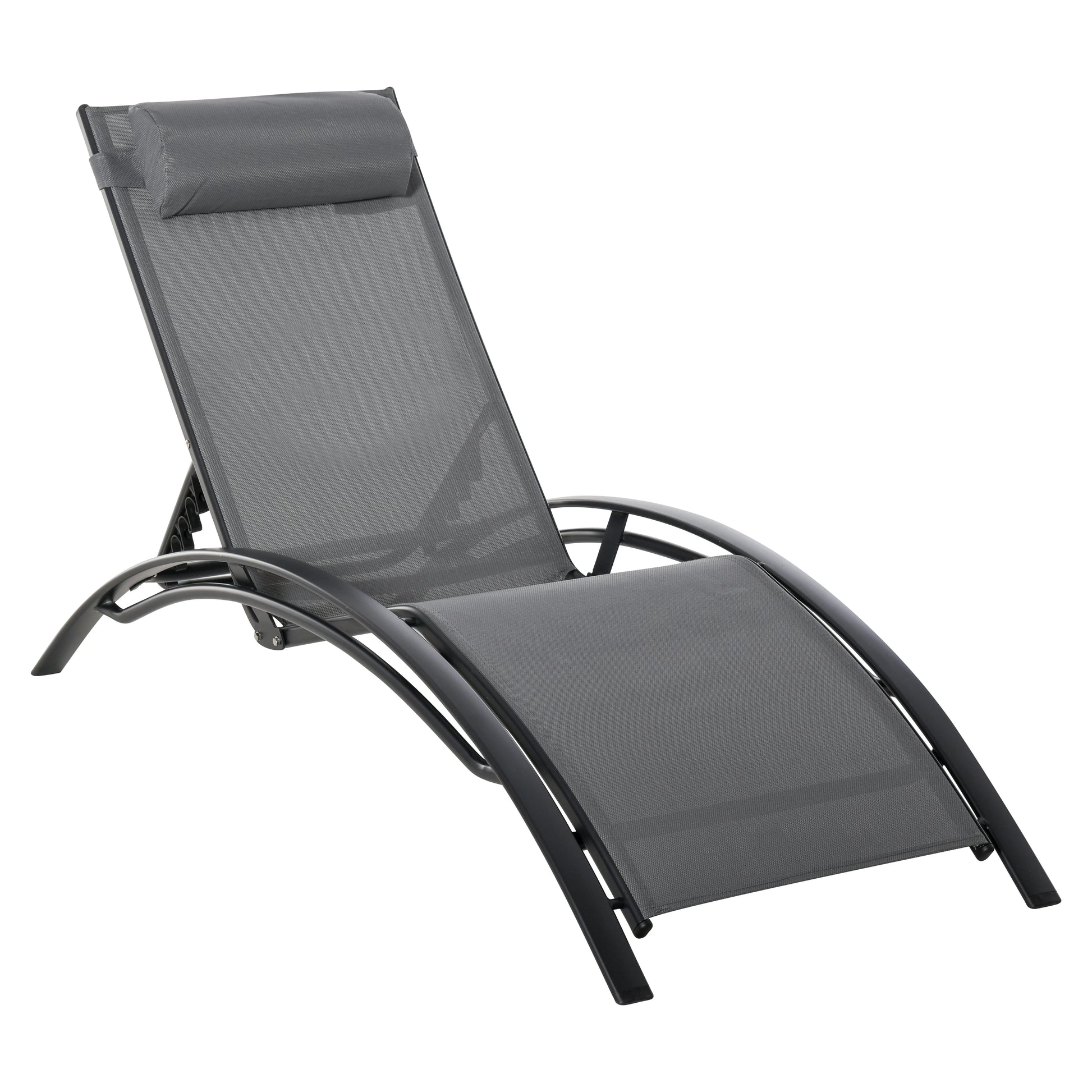 Verstelbare Lounger met Rugleuning en Afneembare Hoofdkussen - Tuinstoel voor Terras, Balkon en Zwembad - Grijze Aluminium Stoel - QUORE
