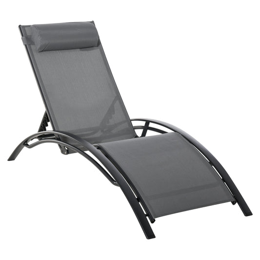 Verstelbare Lounger met Rugleuning en Afneembare Hoofdkussen - Tuinstoel voor Terras, Balkon en Zwembad - Grijze Aluminium Stoel - QUORE