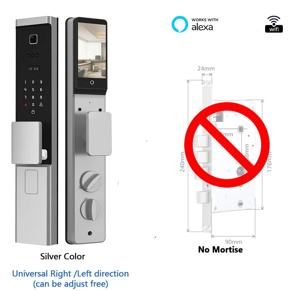 Slimme Deurvergrendeling – Smart Lock – Elektronische Deurslot – Digitale Deursluiting – Toegangscontrole – Gezichtsherkenning & Vingerafdruk – Weerbestendig Aluminium - Zilverkleur - Alleen slot - Geen insteek