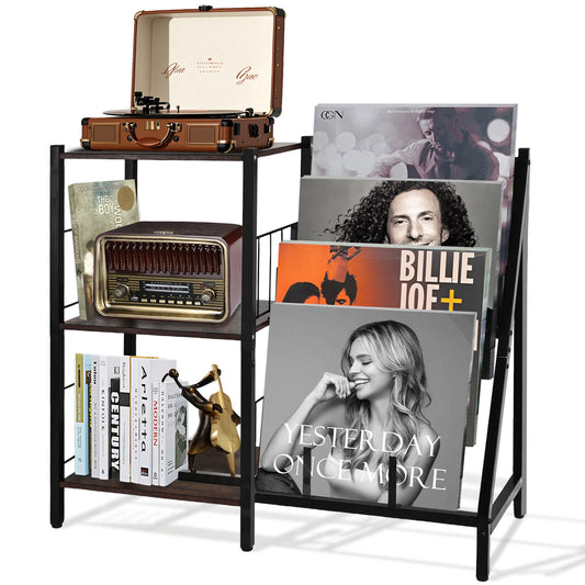 Vinylrek – Vinylplank – Platenkast – Opbergkast – Boekenkast – Duurzaam Waterbestendig Hout – Robuust Metalen Frame - 84 x 30 x 75.5 cm - Zwart