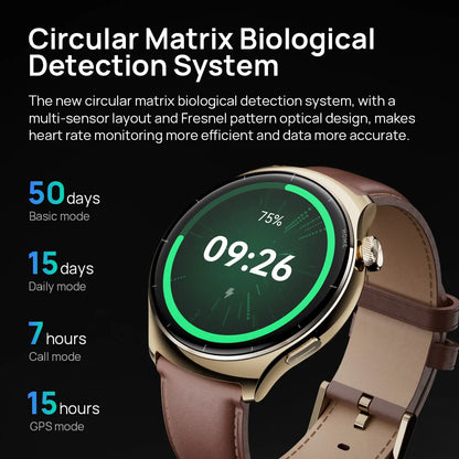 Smartwatchbandjes - Smartwatches - Heren Dames Sporthorloge - 3.35cm - UHD AMOLED - Metalen Kast - Lederen en Rubberen Band - 5ATM Waterdicht - GPS Ingebouwd - 300-450 mAh - Zwartachtig Groen