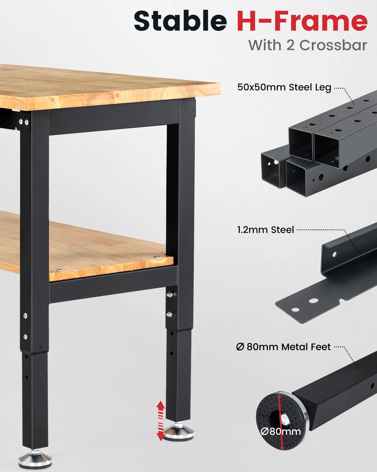 Verstelbare Werkbank - Werktafel - Industriële Werkbank - 60inch - Rubberen Houten Werktafel - met Metalen Pegboard - en 2-Laags Opslag - Grote Werktafel - voor Houtbewerking - en Klussen