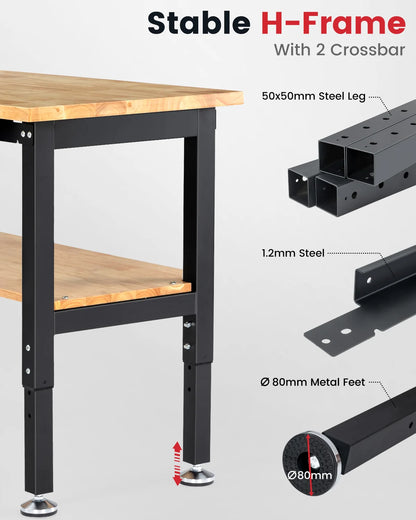 Verstelbare Werkbank - Werktafel - Industriële Werkbank - 60inch - Rubberen Houten Werktafel - met Metalen Pegboard - en 2-Laags Opslag - Grote Werktafel - voor Houtbewerking - en Klussen