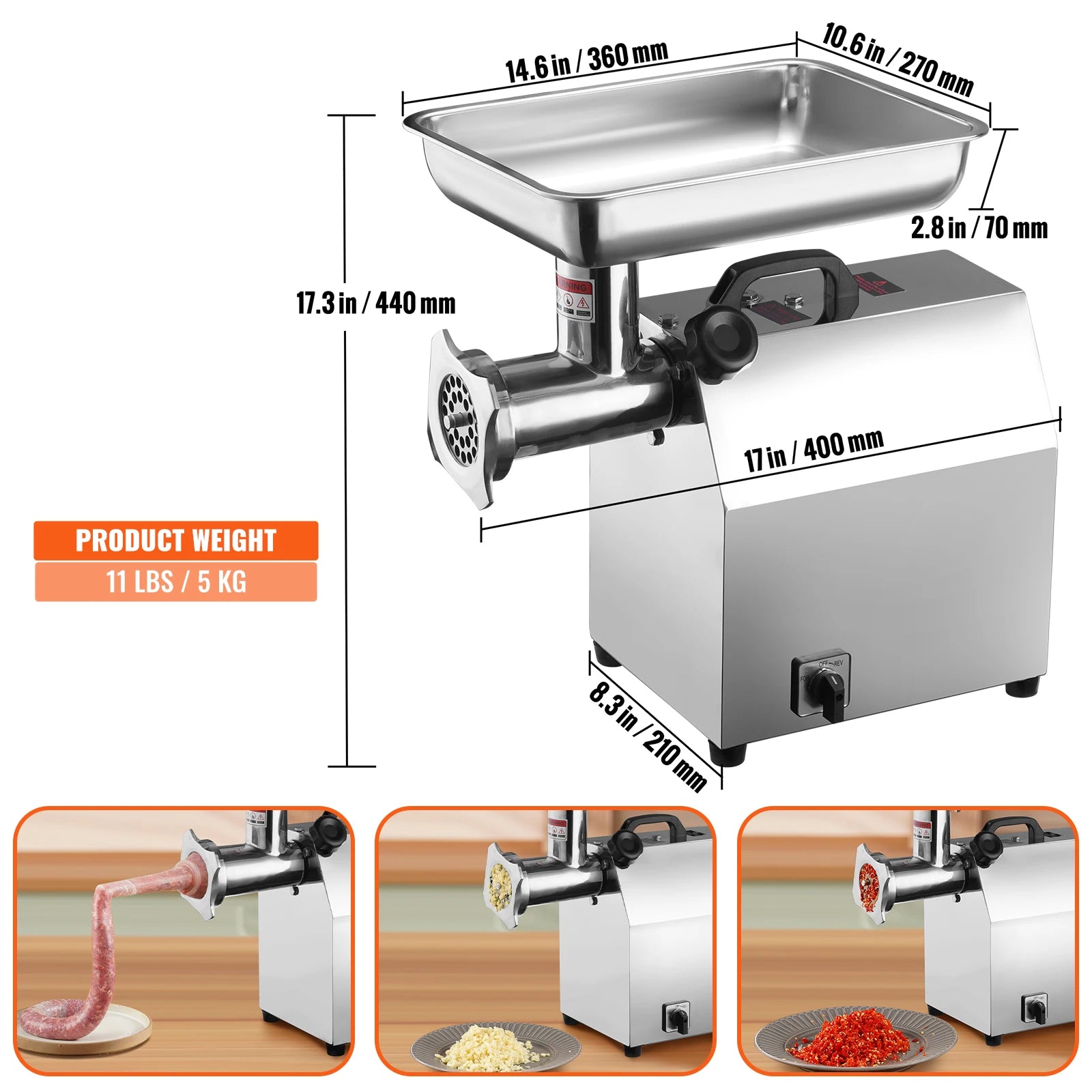 Elektrische Vleesmaler – Vleeshacker – Gehaktmolen – Worstmaker – 1100W Motor – RVS Constructie - QUORE