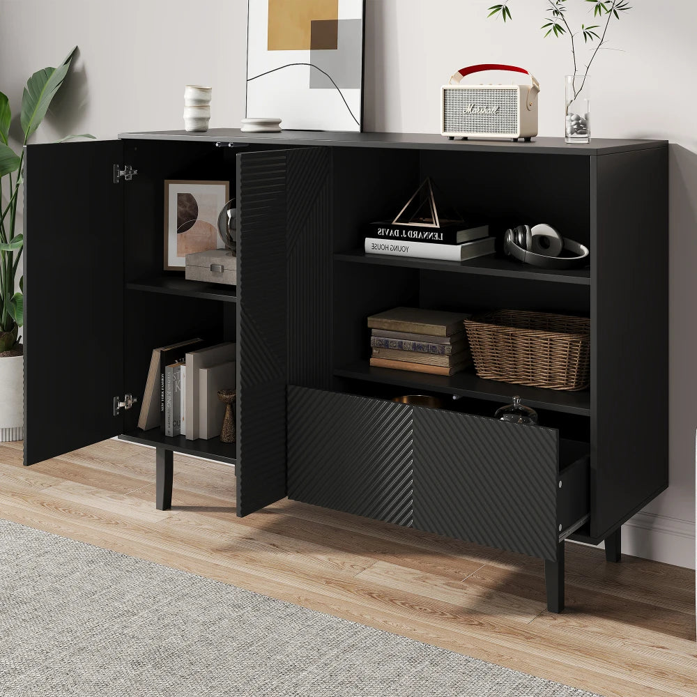 Sideboard – Opbergkast – Dressoir – Kast – Buffetkast – Mat Zwart – Verstelbare Planken – Draagvermogen 80 kg
