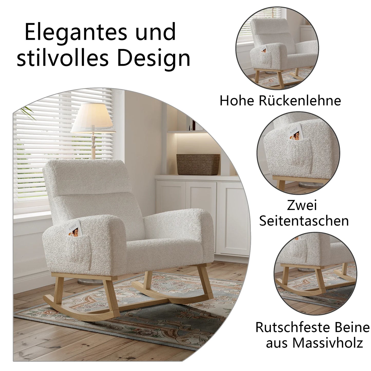 Schommelstoel – Draaifauteuil – Relaxstoel – Loungestoel – Lichtgrijs Fluweel – Ergonomisch Comfort – Massief Hout & Metaal