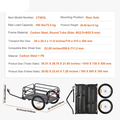 Fietskar - Fietskarren - Fietskar voor kinderen - Fietskar bagage - 160 lbs - Opvouwbaar - met 16“ Wielen Veilige Reflectoren Past op 22”-28” Fietswielen