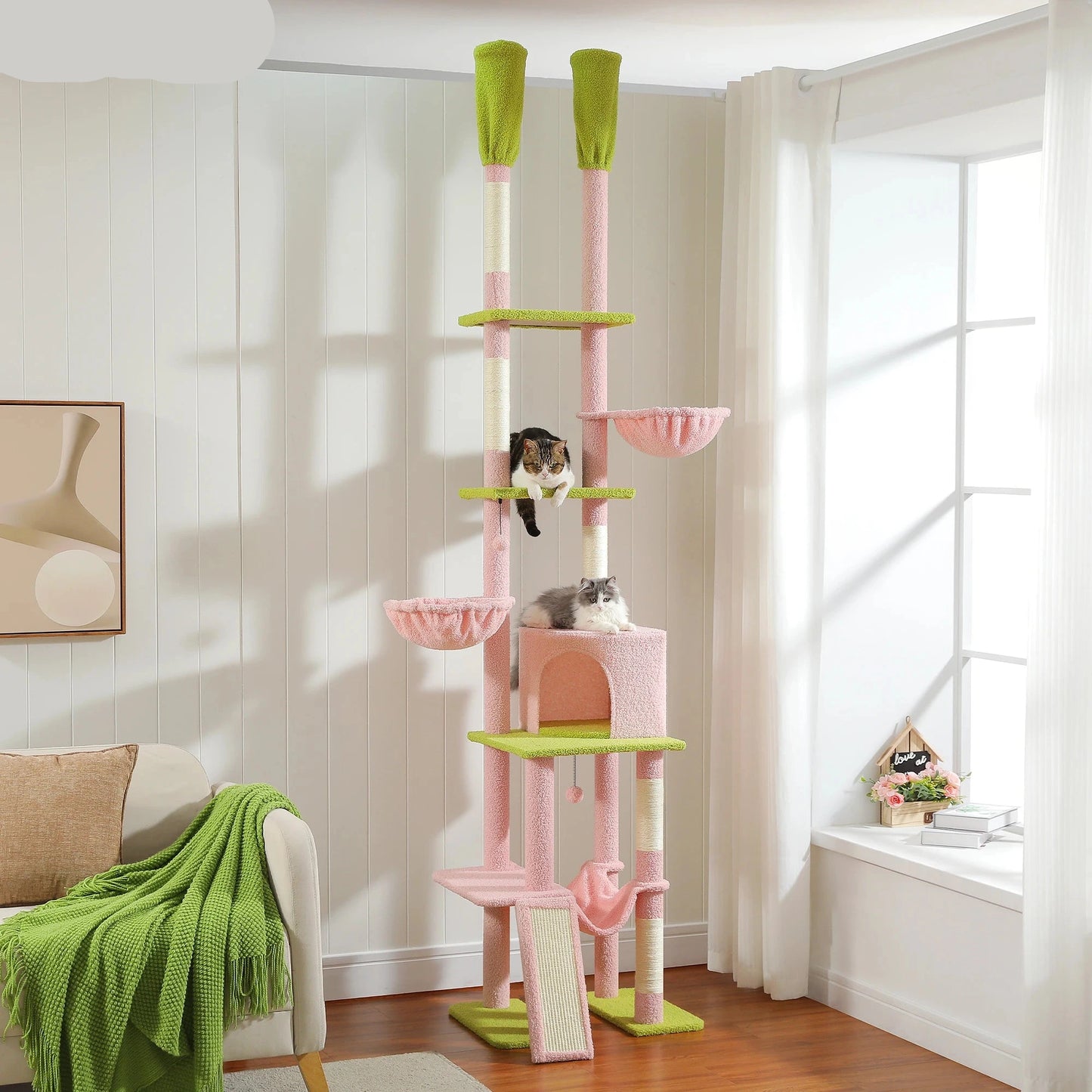 Kattenboom – Krabpaal - Katten Klimmuur - Kattenmeubel - met Hangmatten en Huisjes - Verstelbare Hoogte - 216-285cm - Sisal Krabpalen - Roze