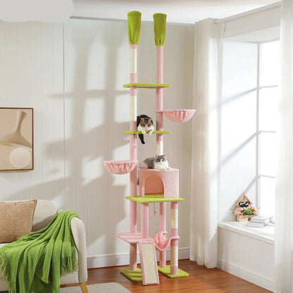 Kattenboom – Krabpaal - Katten Klimmuur - Kattenmeubel - met Hangmatten en Huisjes - Verstelbare Hoogte - 216-285cm - Sisal Krabpalen - Roze
