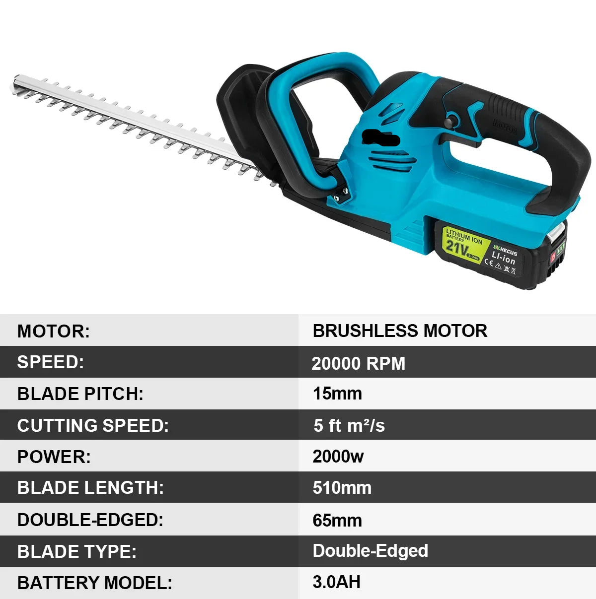 Heggenschaar Accu - Snoeischaar - Grasschaar - 20000RPM - 2000W - Brushless - Elektrische - Snoerloze Snoeischaar voor Struiken – Geschikt voor 18V Accu – Zonder Accu - QUORE