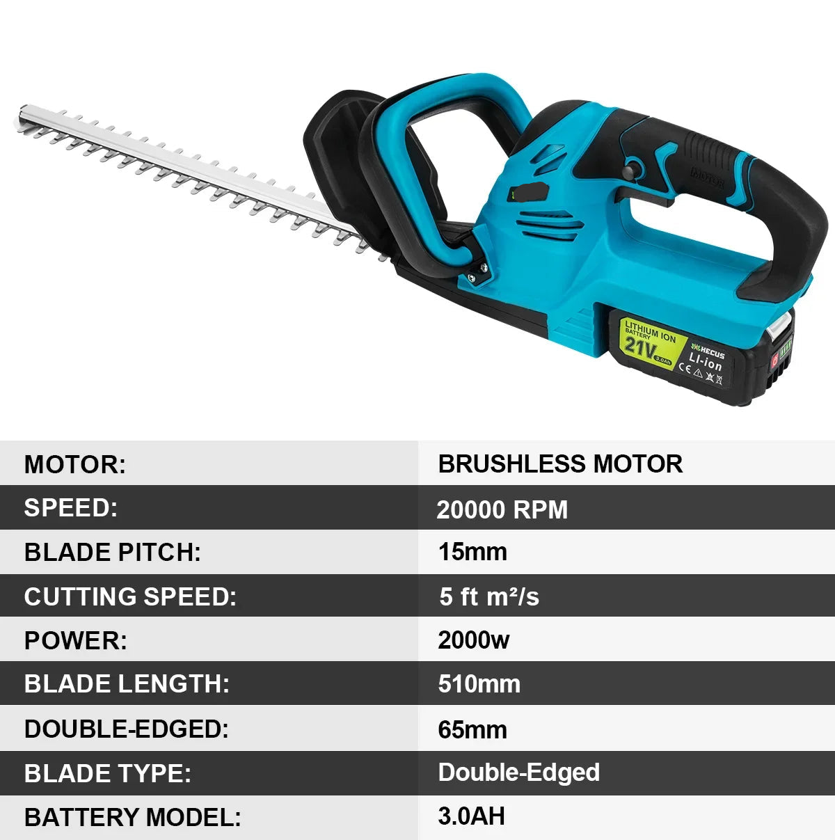 Heggenschaar Accu - Snoeischaar - Grasschaar - 20000RPM - 2000W - Brushless - Elektrische - Snoerloze Snoeischaar voor Struiken – Geschikt voor 18V Accu – Inclusief 2x Accu - QUORE